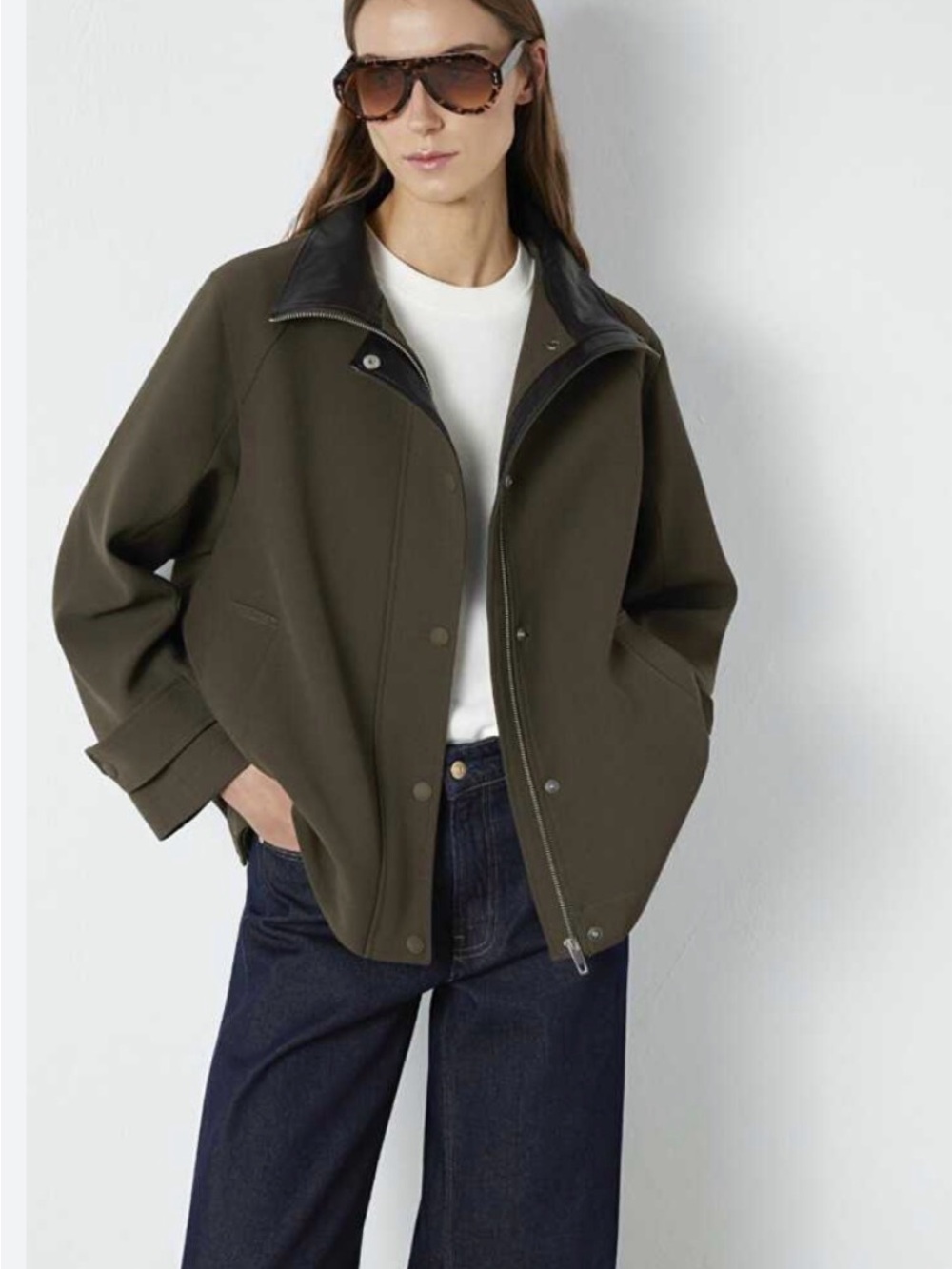 Mavi Olive Green High Collar Utility Jacket with Black Faux-Leather Collar